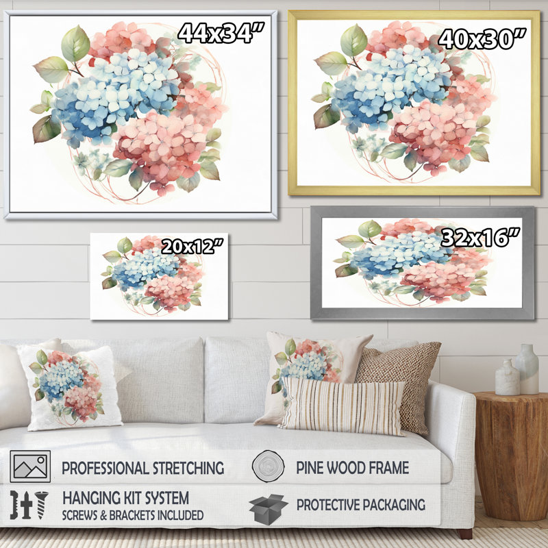 Hortensia rose, vert et fleurs II, H 12 po x l 20 po x P 1 po, Encadrement doré