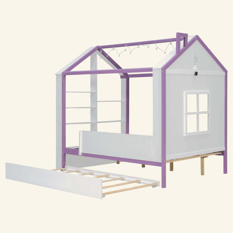 Structure de lit House avec lit gigogne escamotable, tablettes de rangement à queue et lumières DEL blanc froid, White+Purple