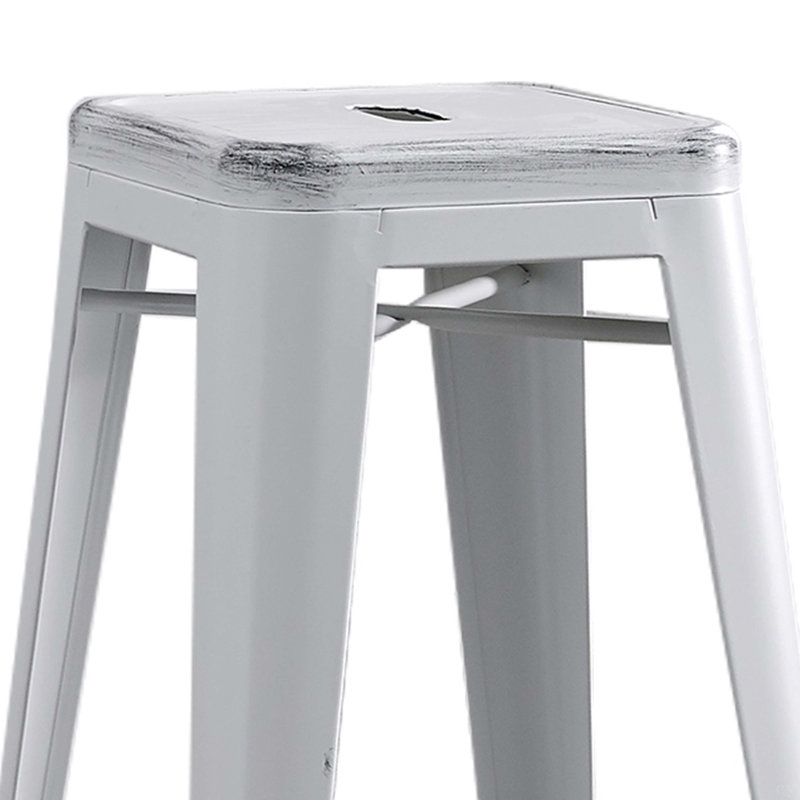 Backless Modern Light Weight Industrial Contemporary Rustic Vintage Costal Metal Bar Stools Without Back And 4 Leg Design (Set Of 2) (30" Seat, Distressed White)
