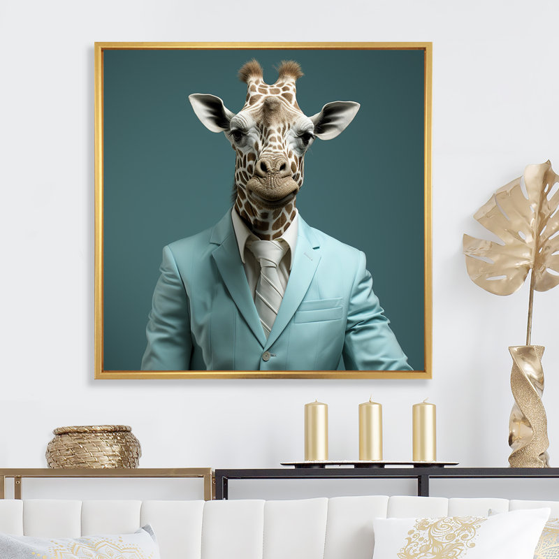 Bleu et gris habillé de mode girafe - girafe, art mural animal, Cadre flottant doré, H 16 po x l 16 po x P 1 po