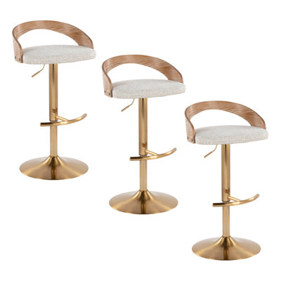 Tabouret de bar réglable avec pivot en métal doré, bois blanchi et tissu avoine avec repose-pieds arrondi en T - ensemble de 3