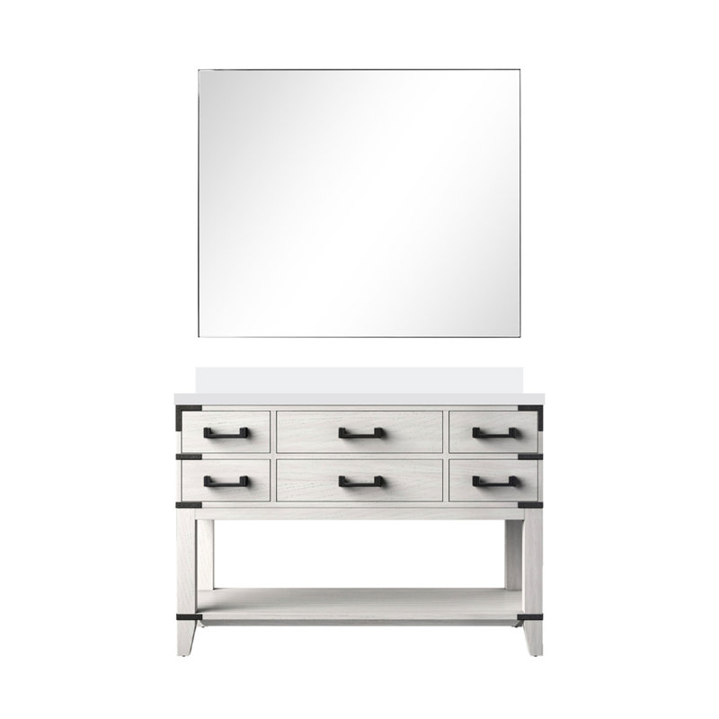 Meuble-lavabo simple en chêne blanc avec comptoir en quartz scellé fini à la main, 46 miroirs et cinq tiroirs à fermeture en douceur pour rangement, miroir, tablette ouverte