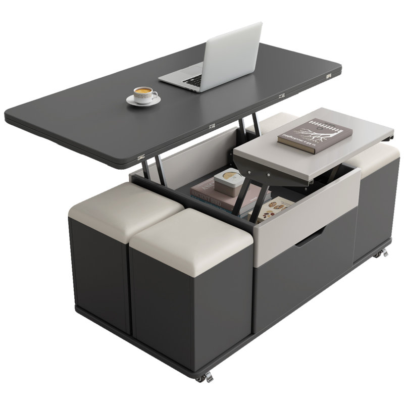 47.24" Modern Lift Top Coffee Table with 4 Stools, 3 in 1 Multi-Function Center Table,Extendable Dining Table for Living Room