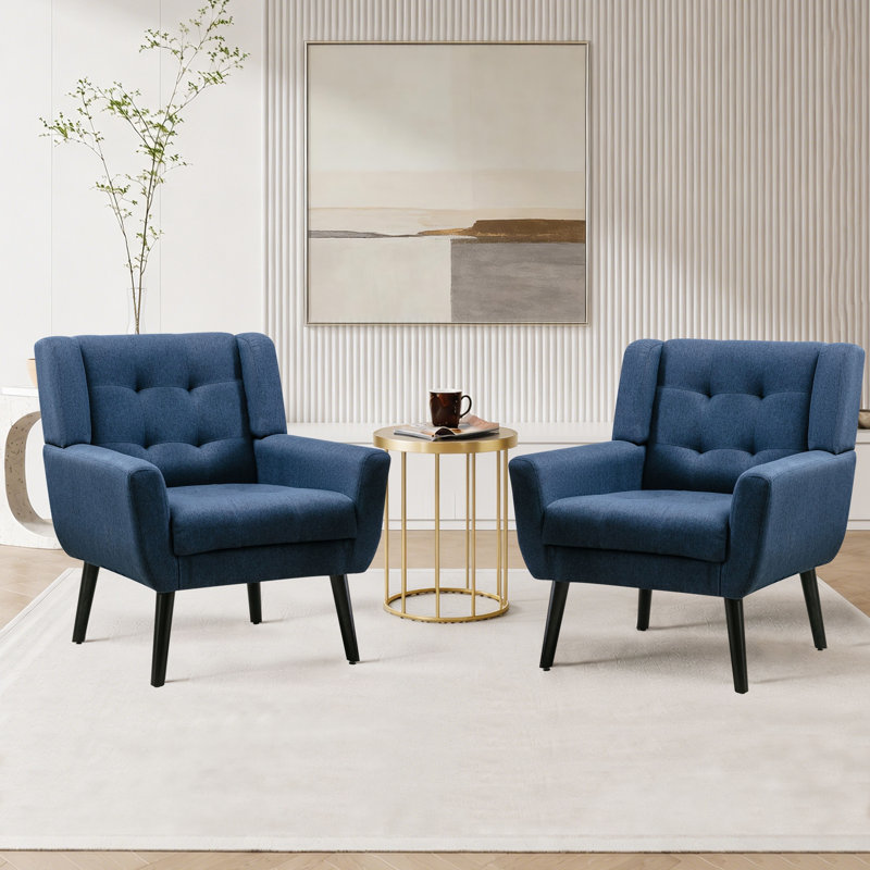 Ensemble de 2 fauteuils capitonnés rembourrés à dossier large, Lin bleu marine