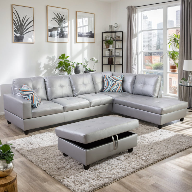 Canapé et chaise longue avec repose-pieds Beesley, Orienté à droite, Noir, Similicuir argent