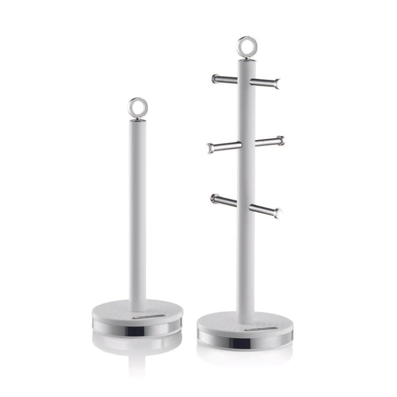 SWAN Elegance Towel Pole and 6 Cup Mug Tree Set with Textured Gloss Finish, Stainless Steel Accents and Non-Slip Bases, Black