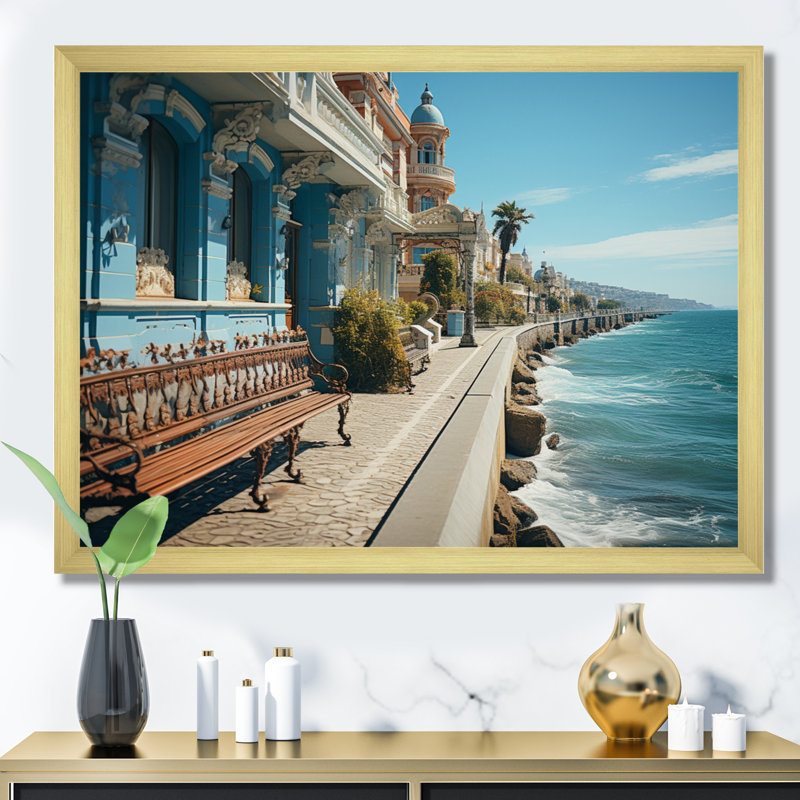 Spain Seaside Promenade II - Nautical & Beach Wall Art Prints, H 16 po x l 32 po x P 1 po, Cadre doré à une seule photo