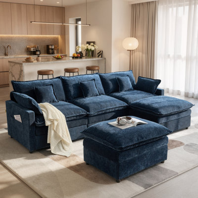 Canapé d'angle en L 5 places de 108 pouces avec 2 poufs amovibles, revêtement en chenille de 26 pouces de profondeur et 5 coussins décoratifs