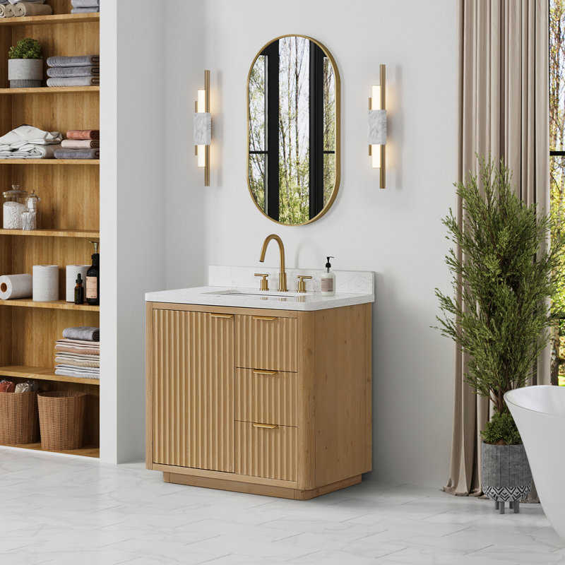 Ensemble de meuble-lavabo simple 36 po Adela, Blanc / Blanc, Doré, Brun
