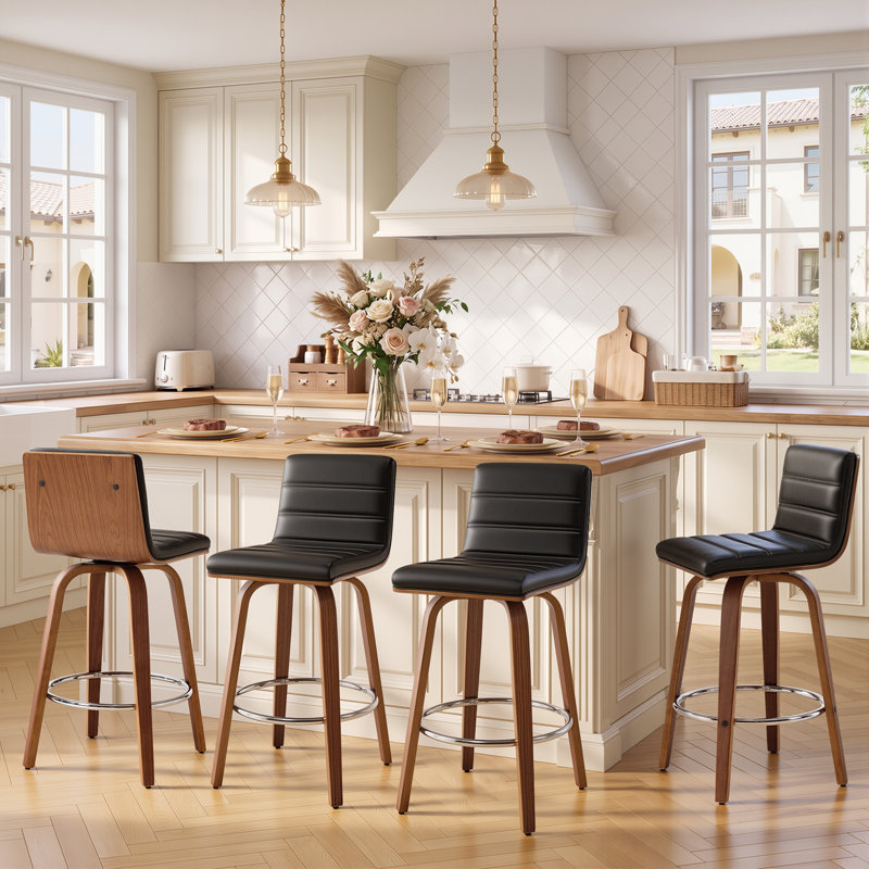 Tabouret de bar et de comptoir pivotant rembourré avec structure en bois massif et dossier en similicuir en forme de L