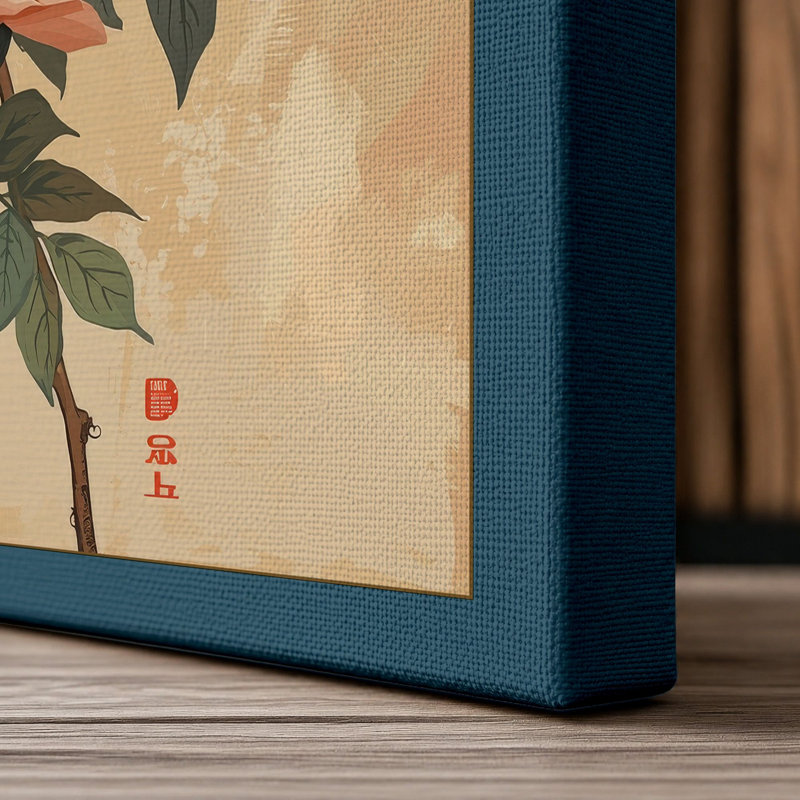 Robin Among Roses Japandi - Wrapped Canvas, 24x16 - 61.0 x 40.6 cm, Teal Border