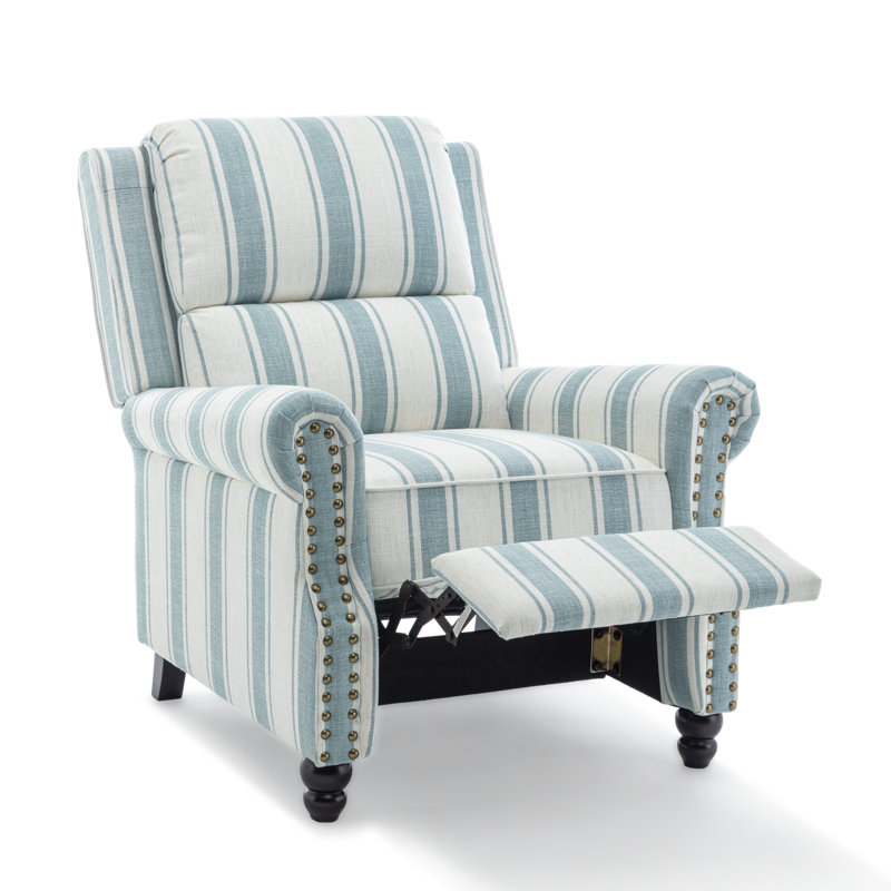 Ameiah Upholstered Farmhouse Blue Stripped Manual Push Back Recliner with Solid Wood Legs, Blue Stripe 