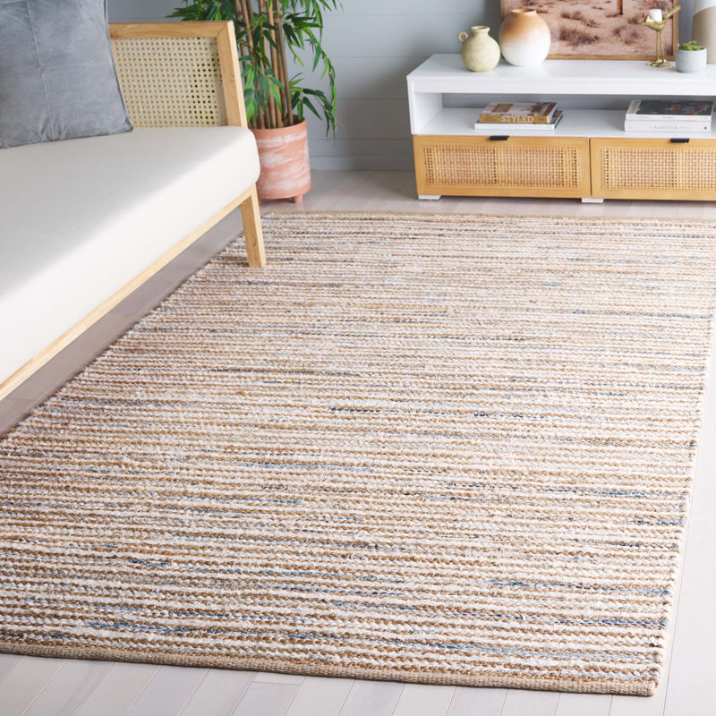 Abott Woven Jute/Canvas/Cotton Rug in Beige/Natural/Light Blue, Rectangle 5' x 8'
