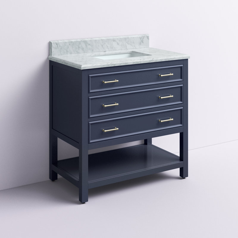 Roshan 36 in. Single Sink Freestanding with Open Shelf Bath Vanity in Marine Blue with Carrara Marble Top, Marine Blue