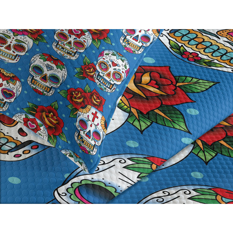 Ambesonne Sugar Skull Bedspread Set Mexican Retro Dots Multicolor