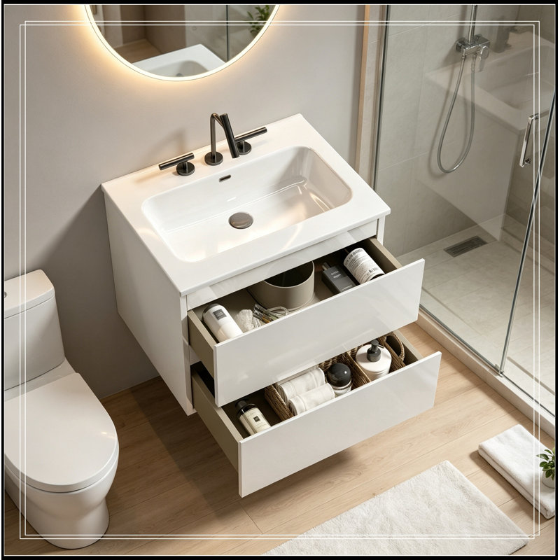 Meuble-lavabo flottant avec lavabo et 2 tiroirs, Blanc