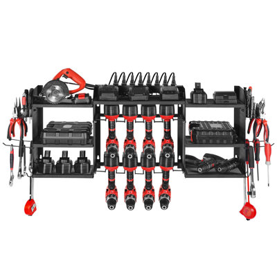 Power Tool Organizer with Charging Station 16.54" H x 50.89" W x 8.66" D Carbon Steel 1 Piece Tool Storage Rack Black 3-Layer 8 Outlets 8 Drill Holders