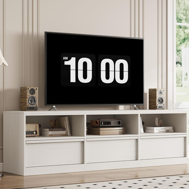 Meuble télé Mid-Century moderne pour téléviseur de 85 pouces, centre de divertissement avec 3 tiroirs et tablettes ouvertes, blanc