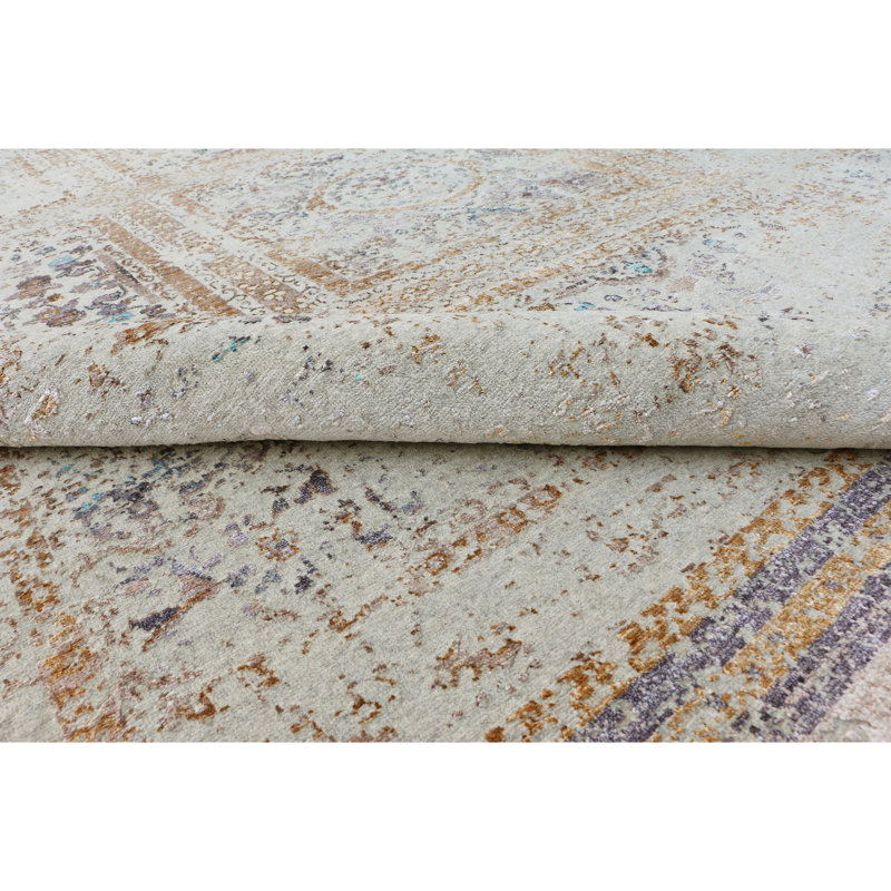 Hand Knotted Abstract Area Rug in Ivory/Gold/Purple, Rectangle 8' x 10'