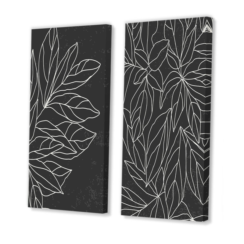 «Minimalist Botanical Line with Palm Leaves III», ensemble de 2 peintures, H 20 po x l 24 po x P 1 po, Toile tendue