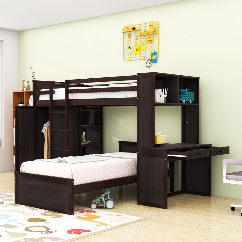 Lit superposé avec bureau, tablettes et tiroirs, garde-robe, Lit superposé simple sur simple, Espresso