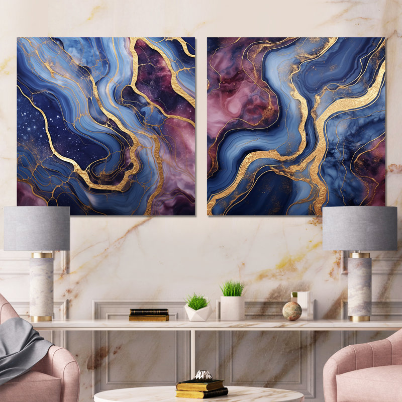 Essence de marbre abstraite bleue et dorée I - ensemble de 2 décorations murales en marbre abstrait, Toile tendue