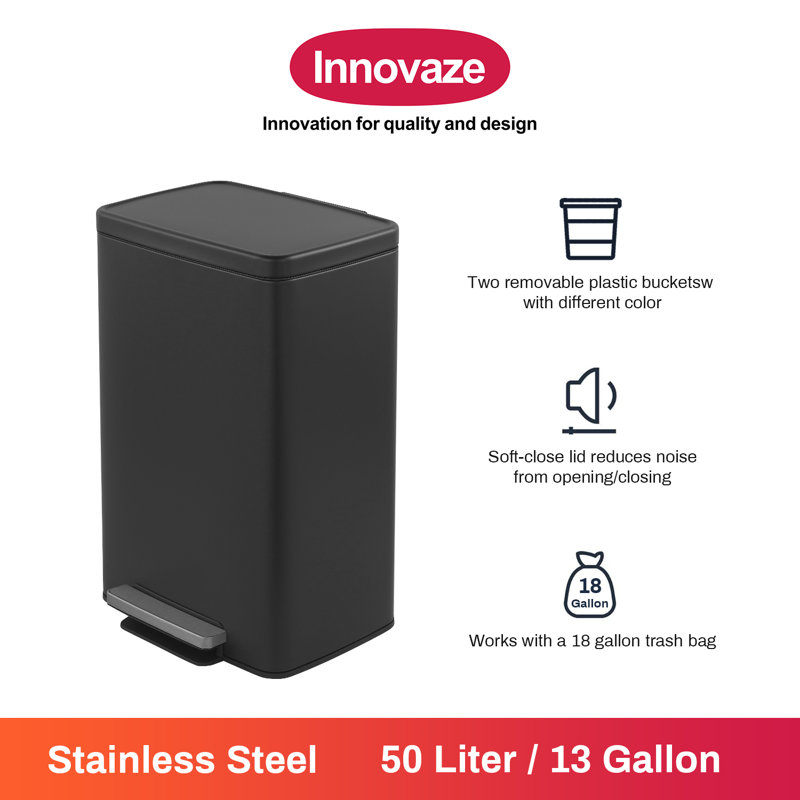 Poubelle à pédale rectangulaire en acier inoxydable 13 gallons / 50 litres Innovaze, Noir