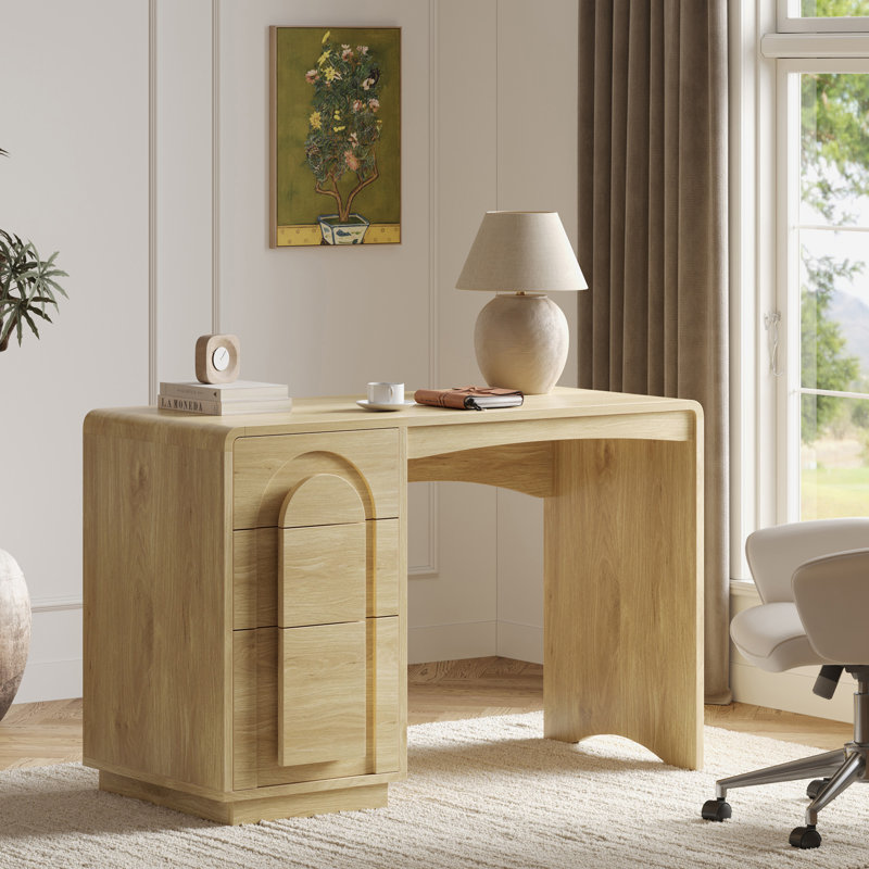 Abaco 47 Inch Office Desk with 3 Drawers and File Storage, Curved Waterfall Modern Writing Desk, Minimalist Home Office Desk, Light Oak