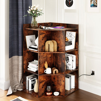 Unique Corner Bookshelf– Space-Saving Wooden Book Organizer With Charging Station, Modern Book Shelves For Bedroom by Ebern Designs