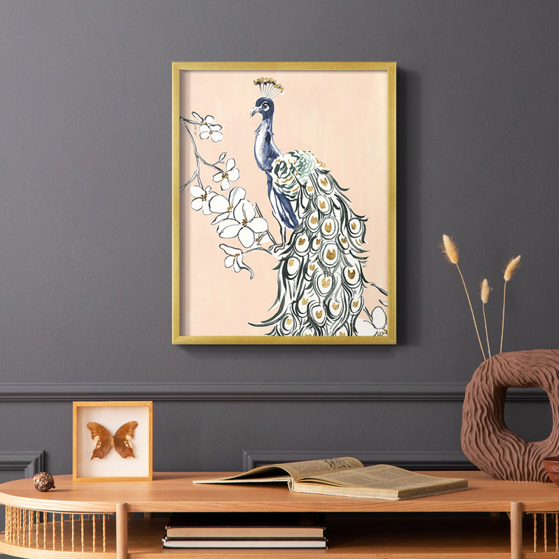 «Peacock in Gold IV», reproduction encadrée - bois massif, Cadre doré simple, H 28 po x l 22 po