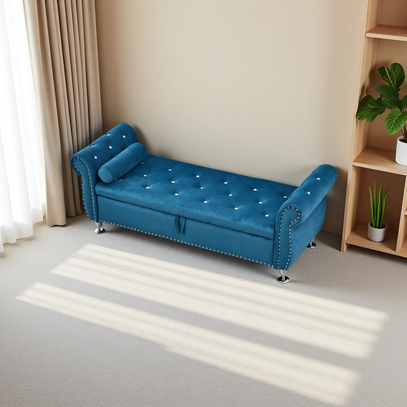Banc de rangement en velours de 62,2 pouces avec boutons en cristal et 1 coussin pour la chambre à coucher et le salon, Bleu