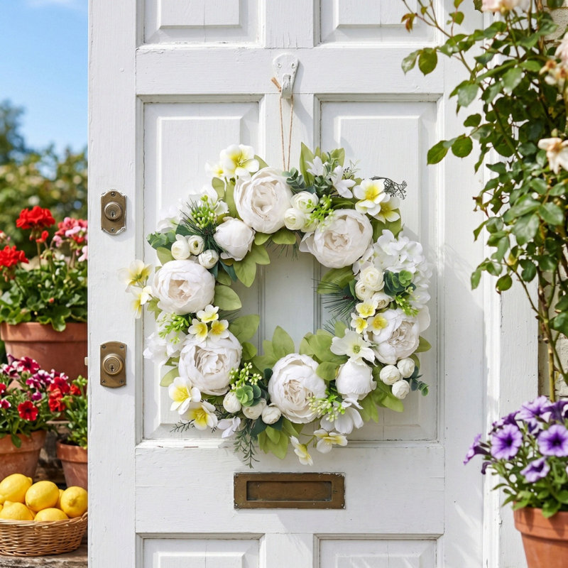 Couronne florale artificielle blanche 18 pouces