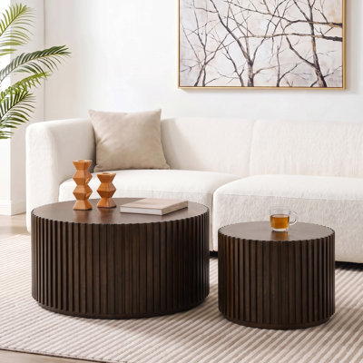 Ensemble de tables basses gigognes 2 pièces en bois massif avec base cylindrique