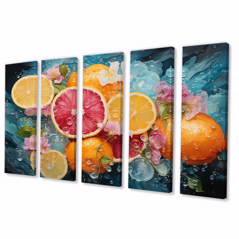 Citrusy Delight I - fruits, reproduction sur toile - 5 panneaux égaux