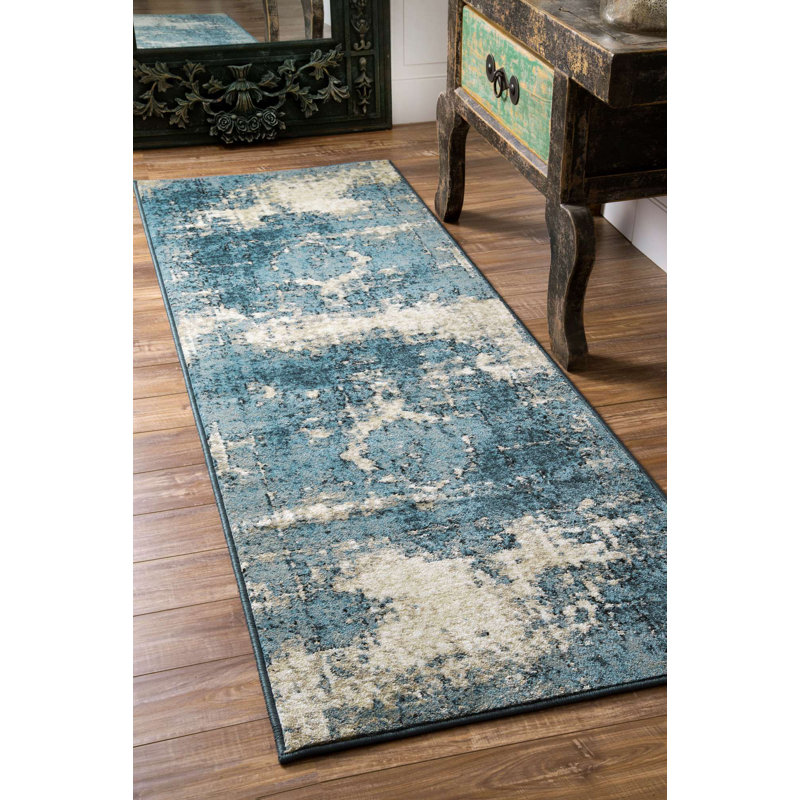 Tapis performance bleu à motif abstrait rétro tissé à la machine Kazu, Tapis de couloir 2 pi 6 po x 14 pi