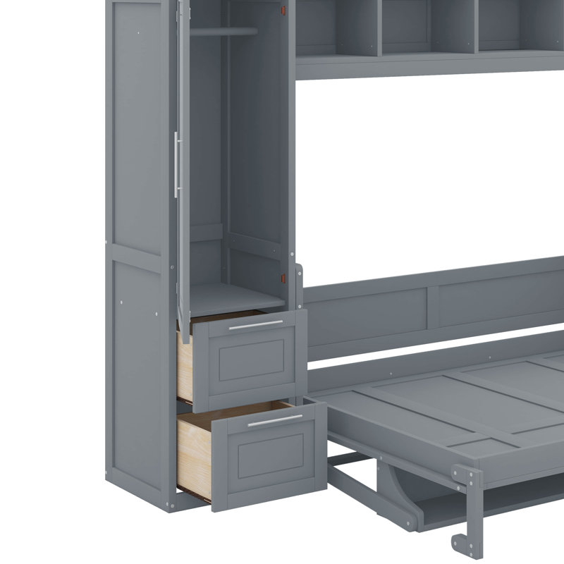Lit escamotable double avec placard et tiroirs, Gris