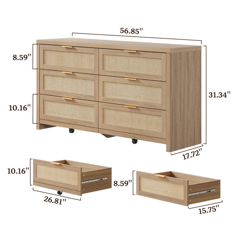 Ensemble de chambre à coucher en rotin 3 pièces, commode 6 tiroirs et table de chevet 2 tiroirs, Chêne clair