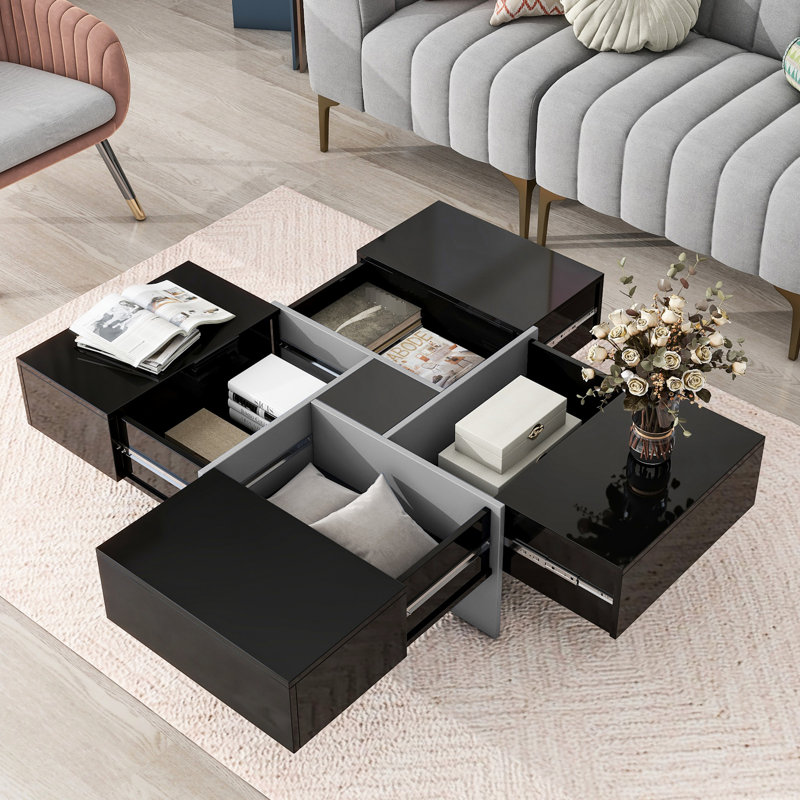 Table basse carrée, 4 rangements cachés, plateau de table coulissant extensible, brillant, 31,5 po x 31,5 po, pour la table de décoration de salon avec rangement et surface, placage, fabrication