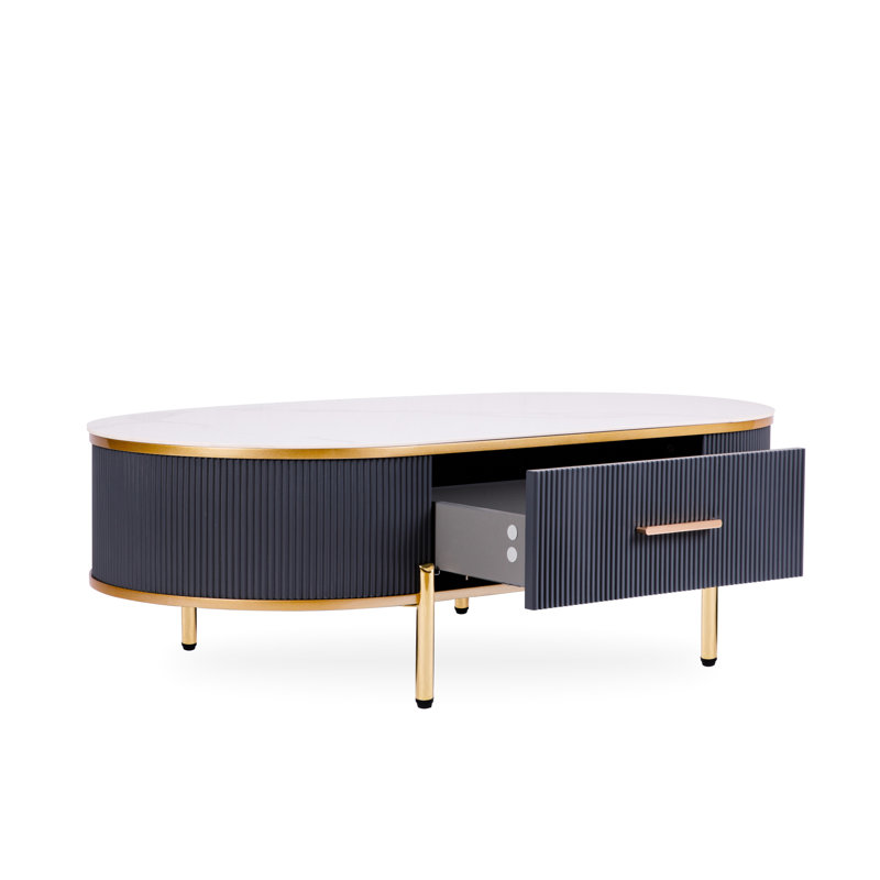 Table basse sophistiquée avec plateau blanc mat en pierre frittée gris foncé, détails de garniture dorée, élément de tiroir pratique, structure en bois massif, pieds en acier inoxydable, cadre en tache de chaleur