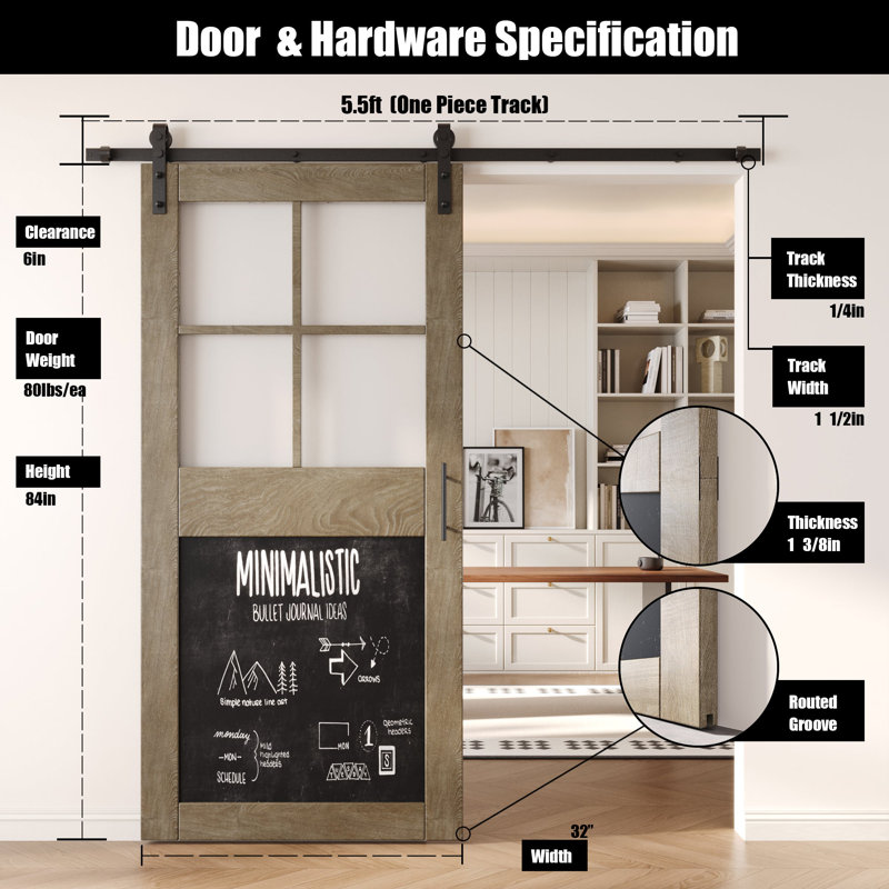 Porte de grange demi-Lite non assemblée et finie avec trousse de quincaillerie Homacer Classic gris 32 po x 84 po avec quincaillerie, usage intérieur seulement