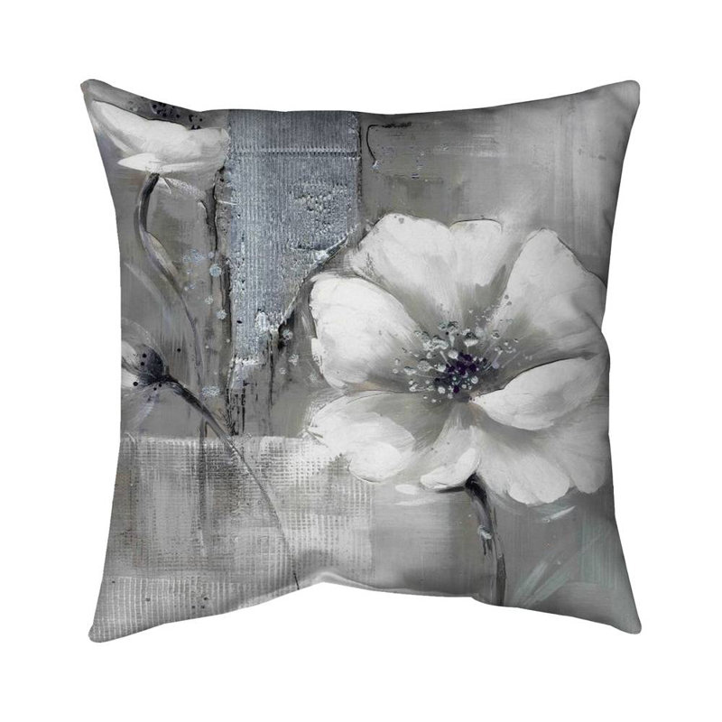 Monochrome and silver flowers - 20"x20" Throw pillow - Poly twill - Print on demand, 20"H x 20"W, Polyester