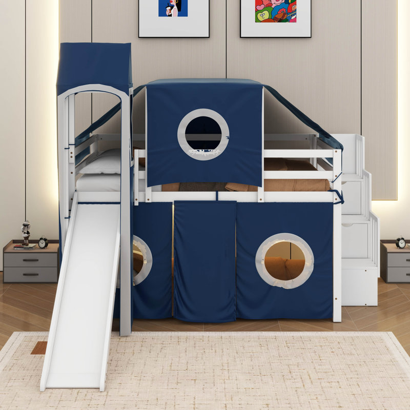 Full Size Loft Bed With Tower, Blue