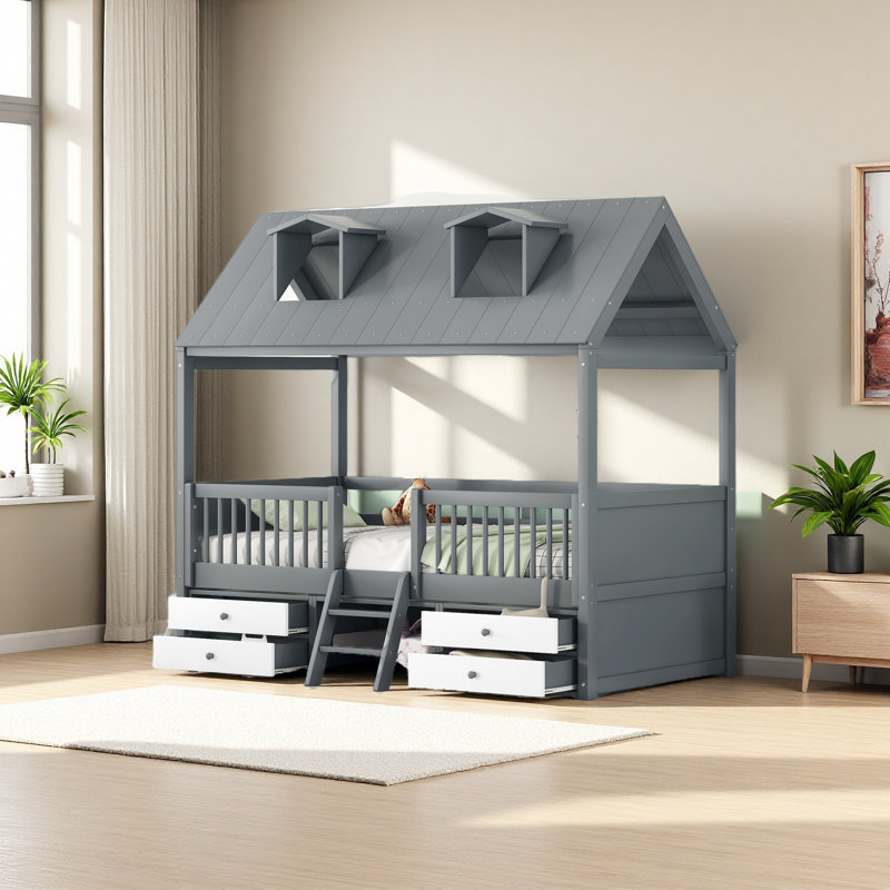 Wood Bed House Bed Frame, Gray, Twin