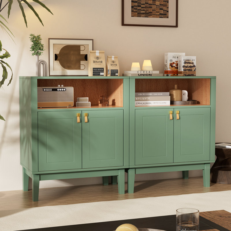 Cortize Sage Green 2-Door Accent Chest with Open Wood-Grain Shelf, Brass-Colored Hardware & Genuine Leather Loop Pulls, Green