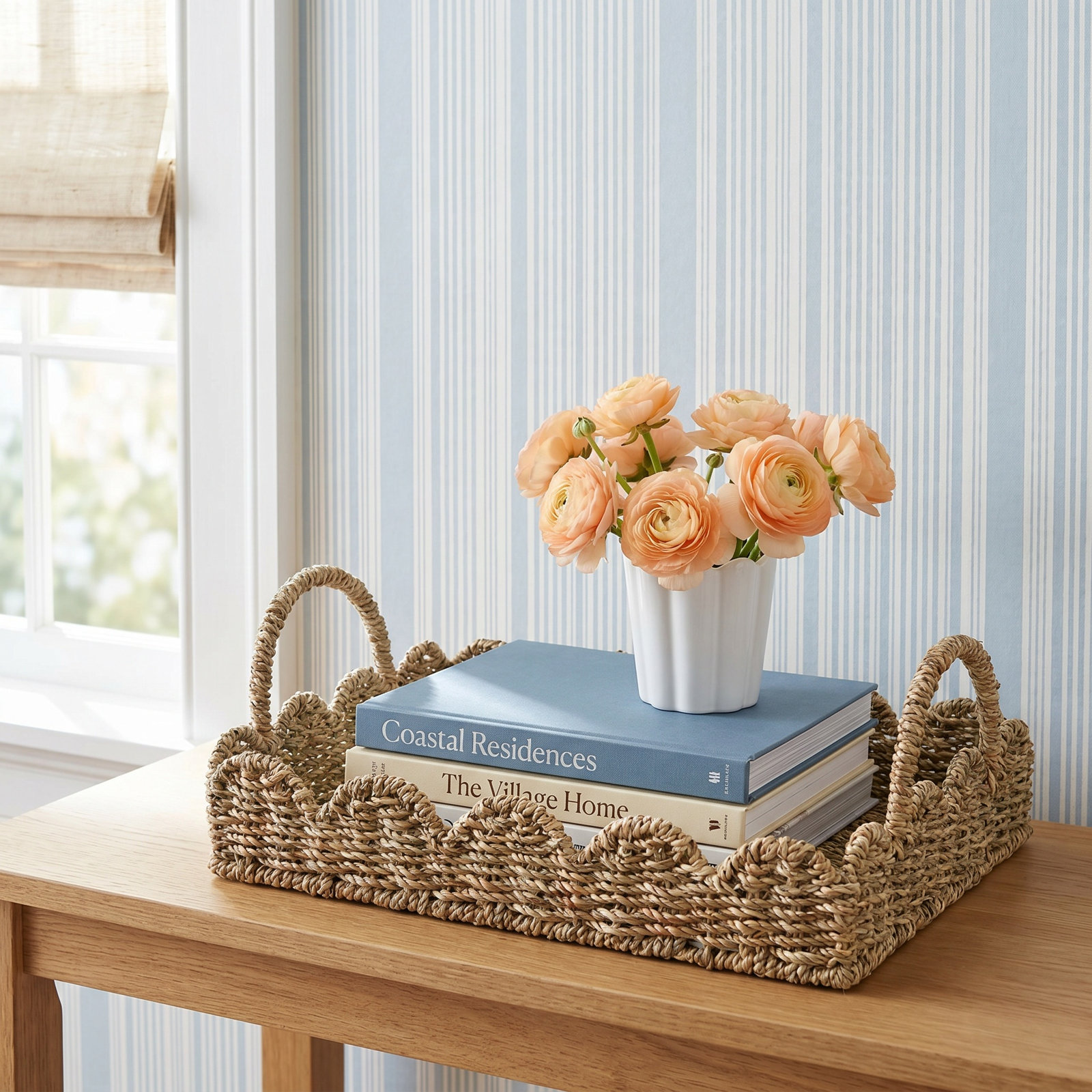 Fraga Handwoven Coffee Table Tray with Scalloped Edge, Natural