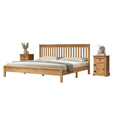 Ophelia 3 Piece Bedroom Set, Two Nightstands And One Bed Solid Wood Rustic Farmhouse Style