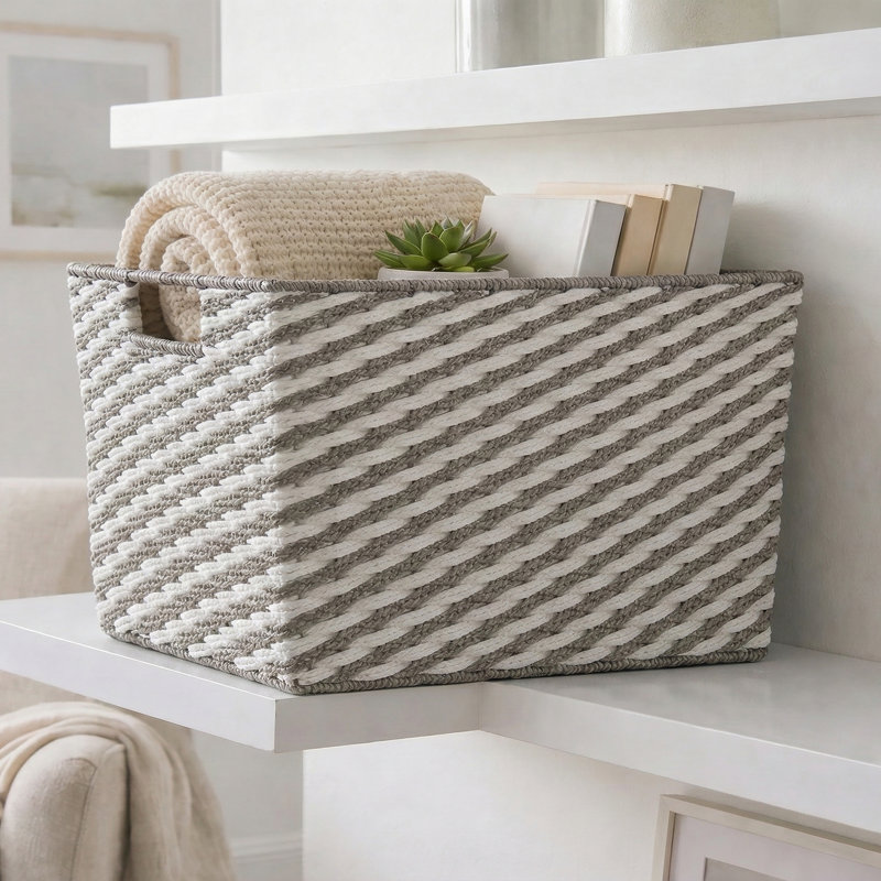  Medium Striped Woven Basket In Grey, 10" H x 12.9" W x 14.9" D, Gray