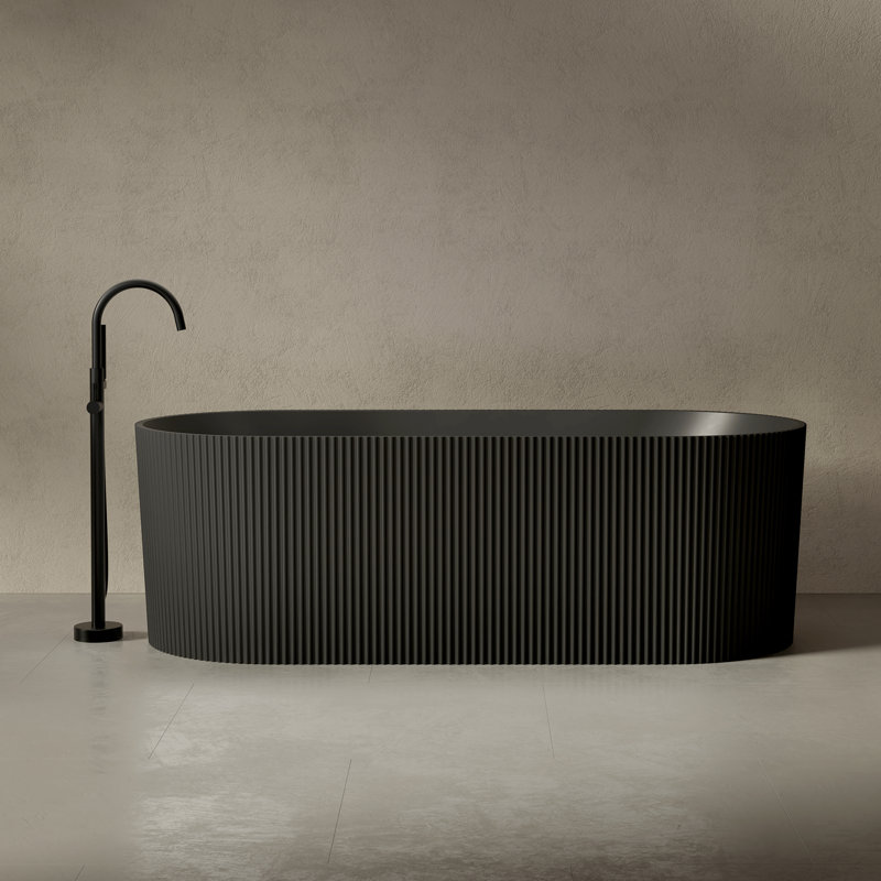 MonBlari 67" X 29" Solid Surface Freestanding Soaking Bathtub with Overflow and Pop-up Drain For Bathroom, Matte Black