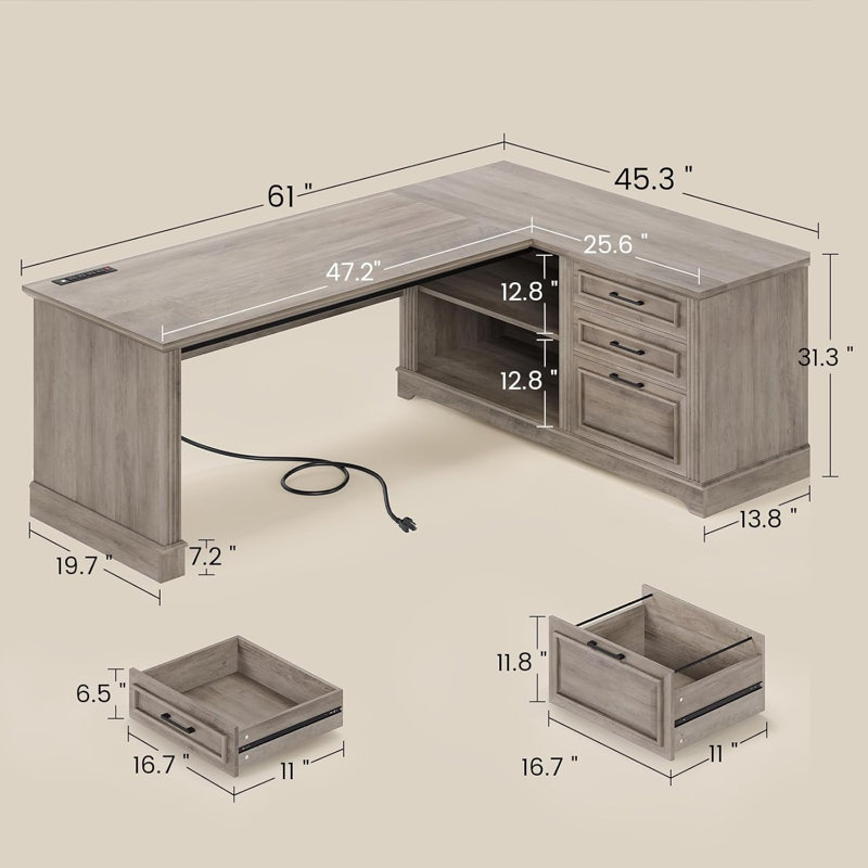 Bureau de direction 61 po, bureau en L de style campagnard avec tiroirs classeurs, bureau personnel avec prises de courant, bureau d'ordinateur avec tablettes de rangement pour le bureau personnel