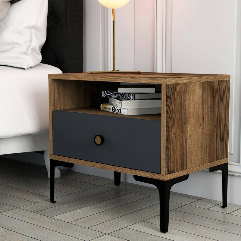 Aliyanah 56cm W Manufactured Wood Bedside Table, Walnut/Anthracite
